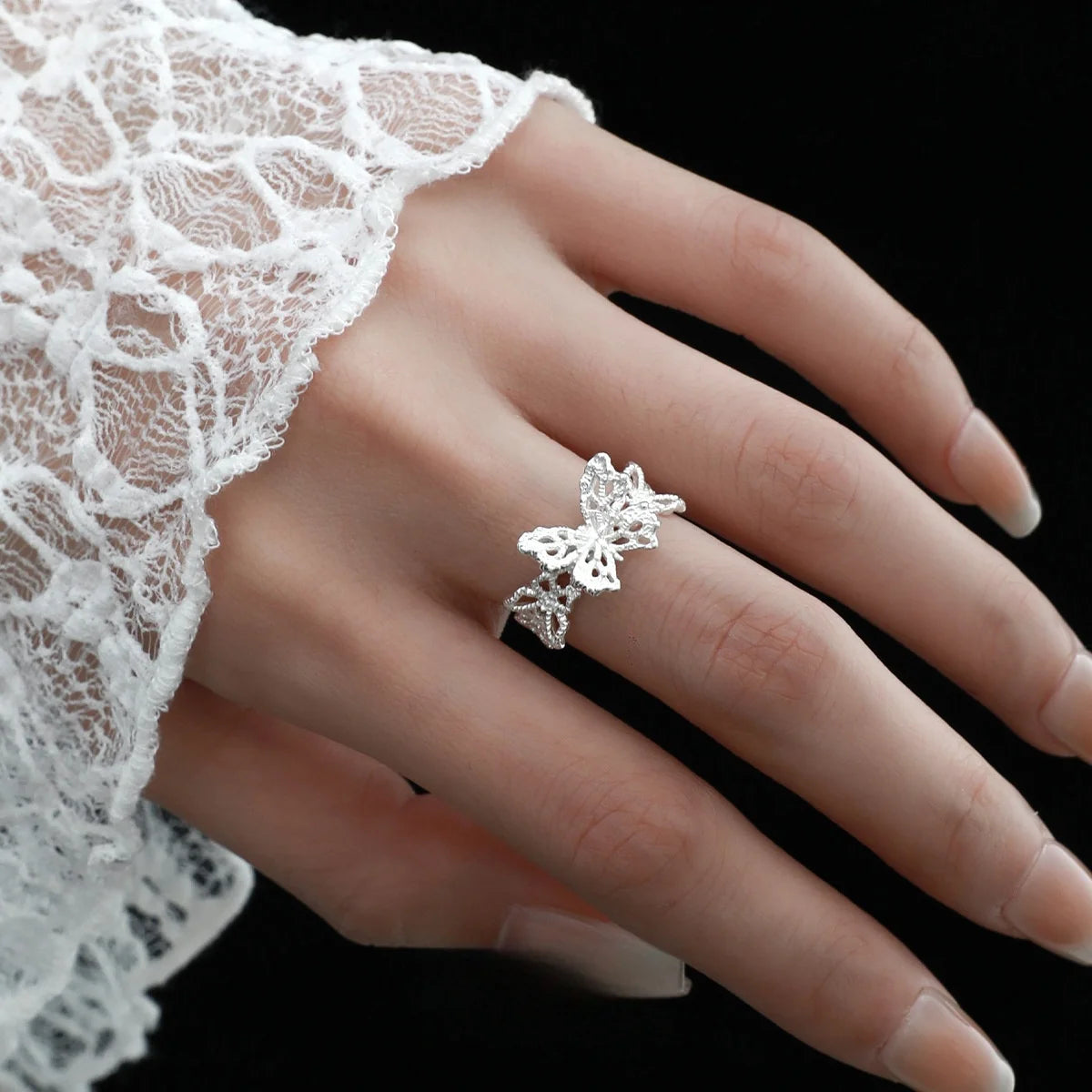 Hollowed Butterfly Ring | Sterling 925 Silver Pulpy Petal Dancer Mariposa | Elegant Wide Lace Open Adjustable Ring for Lady's Luscious Finger