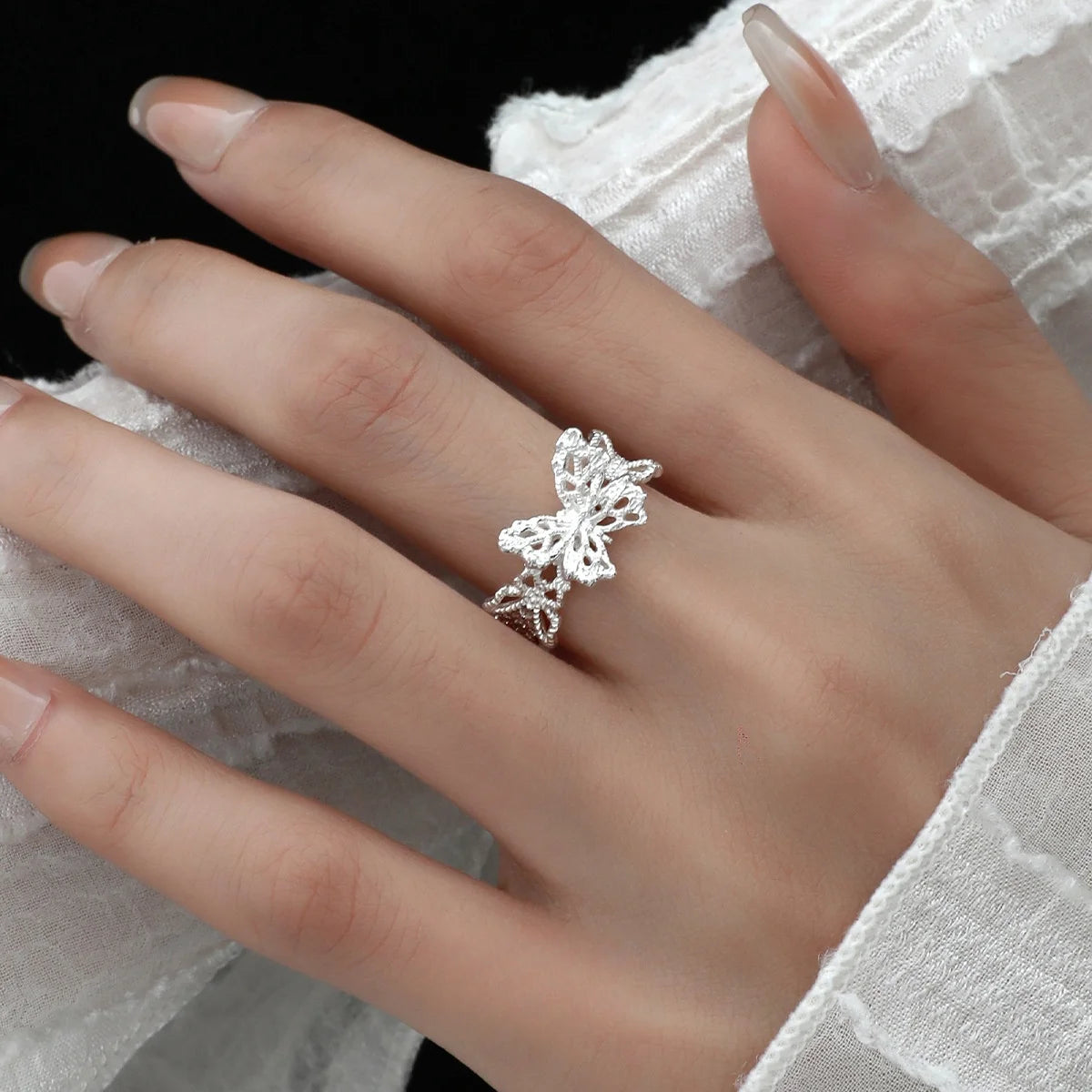 Hollowed Butterfly Ring | Sterling 925 Silver Pulpy Petal Dancer Mariposa | Elegant Wide Lace Open Adjustable Ring for Lady's Luscious Finger