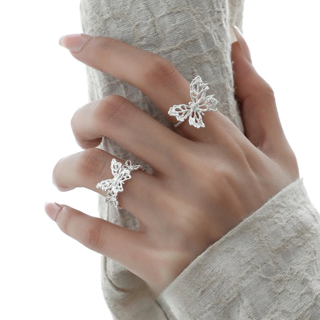 Hollowed Butterfly Ring | Sterling 925 Silver Pulpy Petal Dancer Mariposa | Elegant Wide Lace Open Adjustable Ring for Lady's Luscious Finger