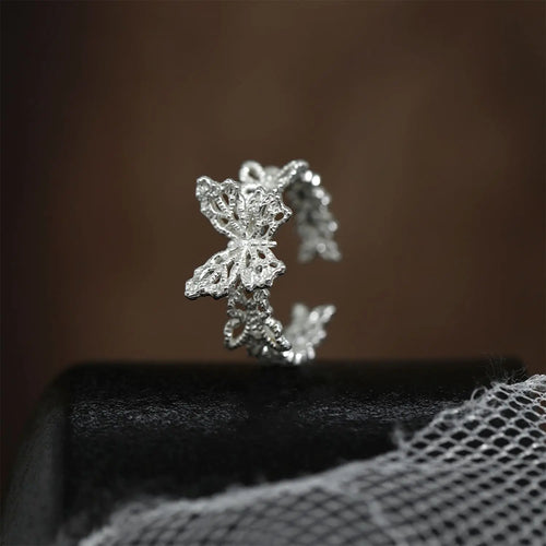 Hollowed Butterfly Ring | Sterling 925 Silver Pulpy Petal Dancer Mariposa | Elegant Wide Lace Open Adjustable Ring for Lady's Luscious Finger