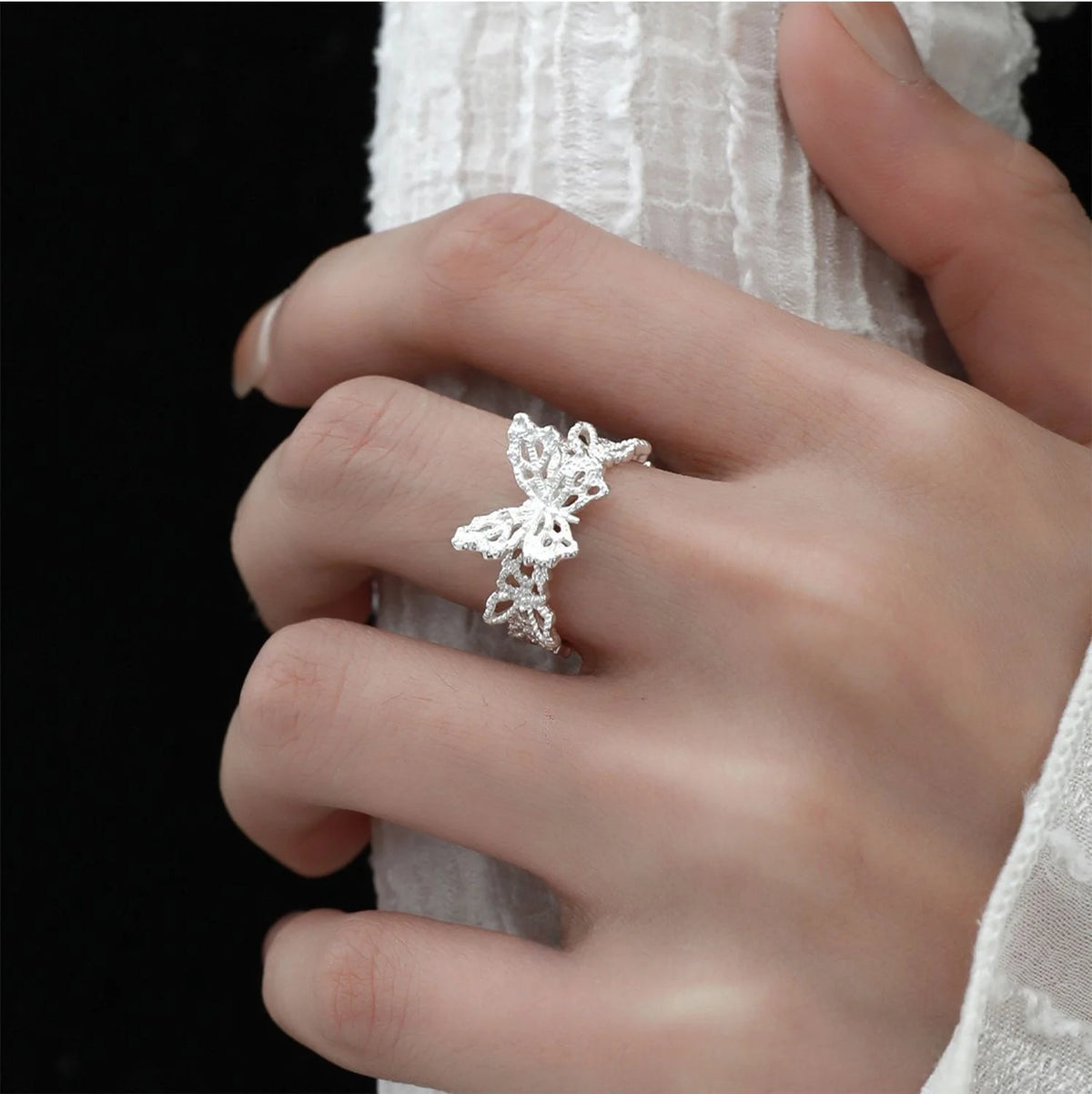 Hollowed Butterfly Ring | Sterling 925 Silver Pulpy Petal Dancer Mariposa | Elegant Wide Lace Open Adjustable Ring for Lady's Luscious Finger